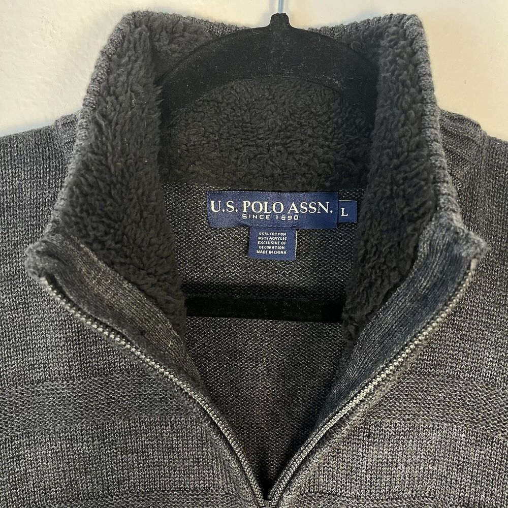 U.S. Polo Assn. Sweater Men Large Gray Fleece Collar 1/4 Zip Long Sleeve